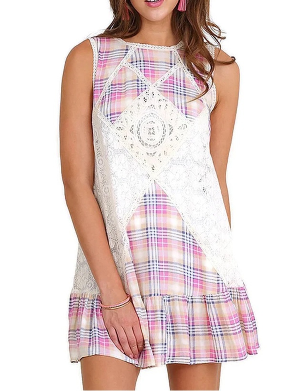 🌸 Umgee Plaid & Lace Patchwork Boho Sleeveless Mini Ruffle Dress Sz. S 🌸